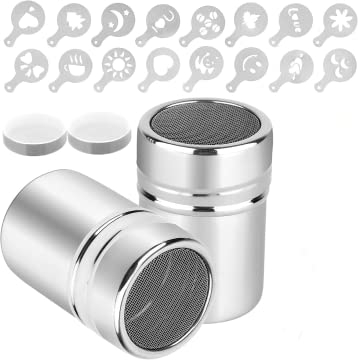 Weigudoc 2 dispensadores de coctelera de Cacao en Polvo con 16 moldes de Capuchino, Plantilla de coctelera de Capuchino de Acero Inoxidable para decoración de café, Galletas, Pasteles, Magdalenas