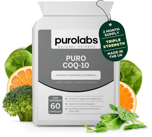 Purolabs CoQ10 Ubiquinol Coenzyme Q10 High Strength – 100mg CoQ10 Supplement for Energy, Heart, Brain & Cellular Support – High Absorption Ubiquinone Formula – 60 Vegan Capsules for Daily Wellness