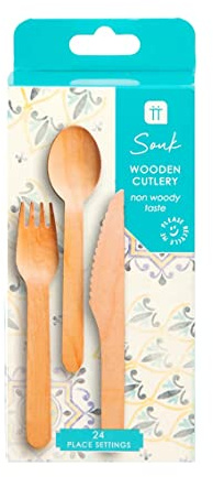 Talking Tables Souk 24 x Wooden Cutlery Set - Biodegradable Birch Knives, Forks & Spoons - FSC Certified - No Woody Taste - Picnics, Camping & BBQs