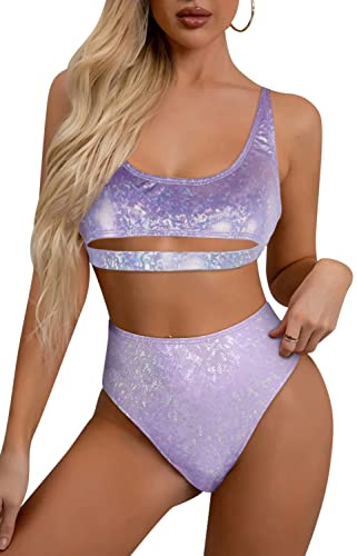 Glitter Rave Outfits per Le Donne – Music Festival Metallic EDM olografico Costume da Bagno Sexy Underboob Top Dance Bottom, Viola, L