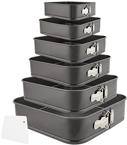 PINGEUI Set di 6 Stampi per Dolci Quadrati, Ø18/20/22/24/26/28 cm, Teglie da Forno con Raschietto Trapezoidale, Colore Nero