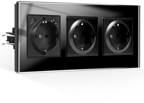 CNBINGO USB Steckdose Unterputz mit Krallen, 1x Typ AC, 3-Fach Schwarz Glas | Schuko Dreifachsteckdose mit USB-A und Typ-C, Max.2,1 Amp, Schutzkontakt Wandsteckdose mit Kindersicherung, Glasrahmen