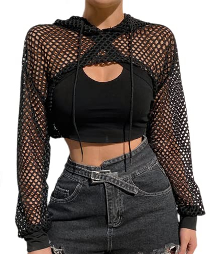 Women Mesh Fishnet Top Long Sleeve Top Hollow Out Hoodie Crop Top Sexy Crochet See Through Party Clubwear Summer Beach Cover Up Shirt for Ladies (UK, Numeric, 12, 14, Regular, Regular, Black)