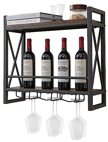 GOPLUS Étagère à Vin Murale 12 Verres à 2 Niveaux, Casier à Vin en Métal Antirouille avec 3 Rangées de Porte-Gobelets, Étagère de Rangement Murale pour Vin, pour Cuisine, Bistrot, Cave