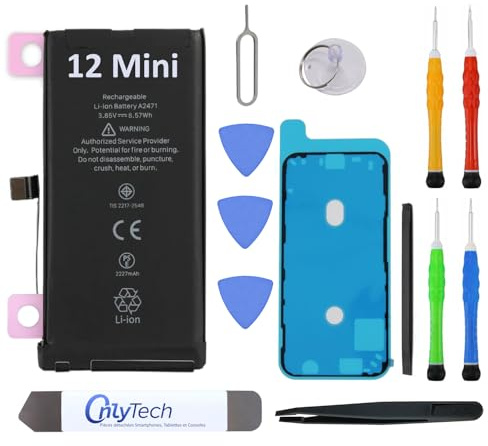 OnlyTech Premium-Ersatzakku für iPhone 12 Mini – 2227 mAh, identisch mit dem Original, Set mit 12 professionellen Werkzeugen und Displayschutz inklusive