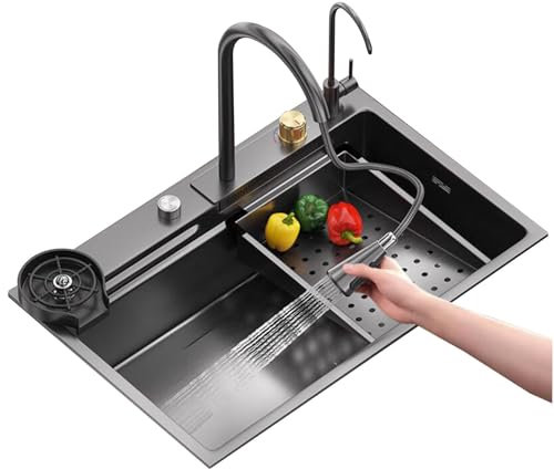 Küchen Küchenspüle Mit Kompletter Ablaufarmatur Großflächiger Wassertank Mit Wasserfallauslass Gemüsewaschbecken Mit Einer Schüssel Siphonspüle Aus Edelstahl Küchenspülen (Color : Black Steel, S : 8