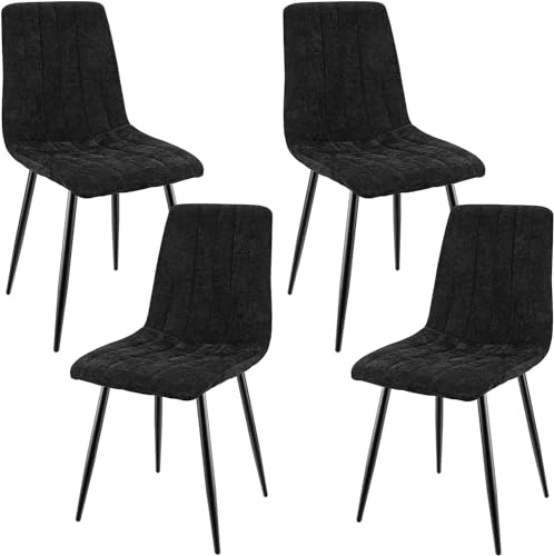 JIJIAN Set 4 Sedie da Pranzo, Sedie da Cucina in Lino, Nero | Gambe in Metallo, Stile Moderno, Portata Fino a 120 kg, Sedie Imbottite per Sala da Pranzo, Soggiorno e Cucina