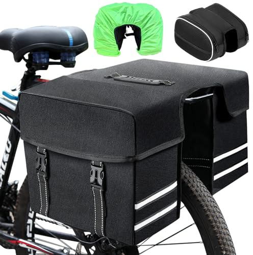 Tyuodna Fahrradtasche Gepäckträger mit Oberrohrtasche,30L Große Fahradtaschen Hinten Gepäckträger,Wasserdicht Fahrrad Gepäckträgertasche mit Wasserdicht Regenschutz (Schwarz)