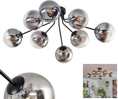 HOFSTEIN Deckenleuchte Gastor, Deckenlampe aus Metall/Glas in Schwarz/Rauchfarben/Klar, moderne Leuchte im Retro/Vintage-Design (Ø Schirme 15 cm), 8 x E14, Schlafzimmer, Wohnzimmer, Küche, Esszimmer