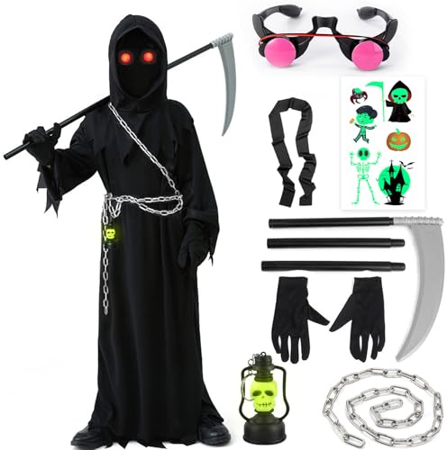 Deguisement Faucheuse Enfant Halloween Costume Faucheuse Enfant Cape Halloween Garcon 5 6 7 ans Déguisement Faucheuse Cape Robe Noire Halloween Cosplay Accessoire Faucheuse Faucille Chaine Halloween