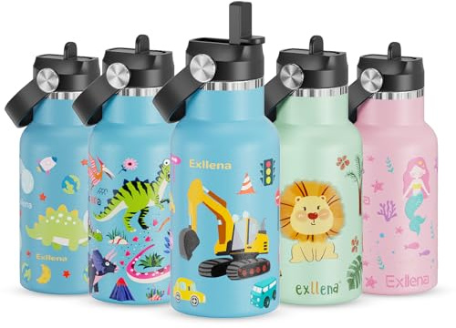 Exllena 350ml Stainless Steel Water Bottle Kids BPA Free with Straw - 100% Leakproof - Kids Insulated Water Bottle with Handle Lid - Easy to Use for Toddlers Girls Boys (Car)
