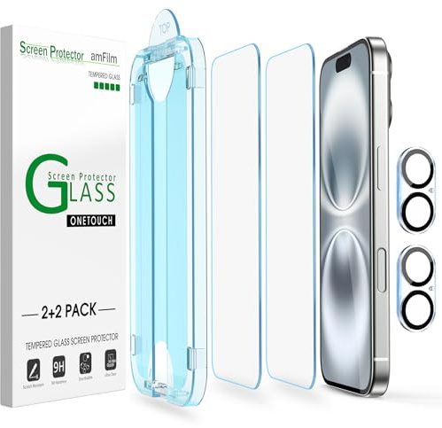 amFilm 2+2-pack Härdat Glas för iPhone 16 6.1, OneTouch 2 Delar Skärmskydd med 2 Kameralinsskydd, Kompatibelt Fodral