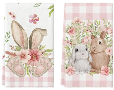 Artoid Mode Set di 2 asciugamani da cucina rosa a quadri di bufalo fiori coniglio pasquale, 42 x 65 cm, decorazione primaverile