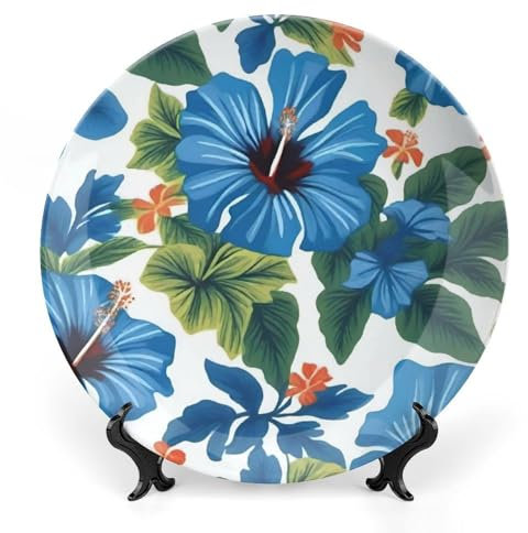 NWTRJ Blaue Hibiskus-Keramik-Dekoteller, 25,4 cm, Knochenporzellan, dekorative Teller mit Präsentationsständer, handgefertigtes Keramik-Ornament für Zuhause, Küche, Schlafzimmer, dekorative Ornamente