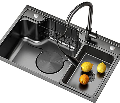 Fregadero de cocina de acero inoxidable negro con grifo extraíble, 70 x 48 cm, incluye escurridor de acero inoxidable y agujero de drenaje grande, juego de fregadero de cocina