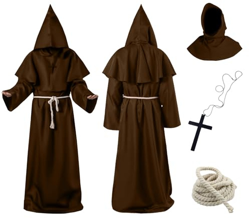 Aitsite Deguisement Moine, Robe de Prêtre, Robe de Moine Adulte, Renaissance Médiévale avec Capuche Ceinture et Croix pour Carnaval Halloween Cosplay (Brun-S