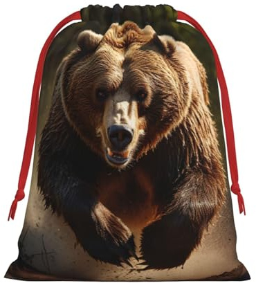 Longzehao Ultraweicher Samtstoff mit Kordelzug, Bär läuft, 1 Druck, Weihnachts-Geschenktasche, Mehrzweck-Geschenktüten.