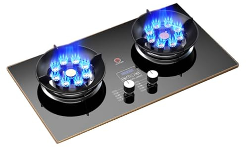 Cuisinière À Gaz 2 Brûleurs 17742BTU Support De Casserole En Fonte En Verre Trempé Noir, Minuterie De 180 Minutes (double Face Indépendante) Avec Protection Contre Les Flammes For Le Camping Dans La C