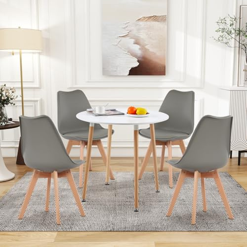 H.J WeDoo Rund Esstisch mit 4 Stühle Essgrupp, 90cm Küchentisch und 4er Set Esszimmerstühle Esszimmergruppe Sitzgruppe für Küche Wohnzimmer (Weiß Tisch+4 Grau Stühl)
