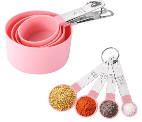Measuring Cups and Spoons Set, 8-Piece Measuring Cups for Baking with Stainless Steel Handle, 4 Teaspoon and 4 Tablespoon Nesting Measure Cups for Dry and Liquid Ingredients(Pink)
