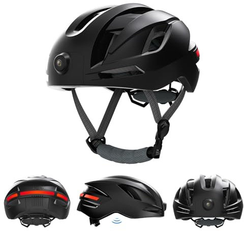 Boannice Casque de Vélo Adulte avec Enregistreur de Voiture, Feux de Signalisation et Clignotants Arrières, Vidéo HD 1080P, Téléphone et Musique Bluetooth, Enregistrement de Trace GPS(Noir)