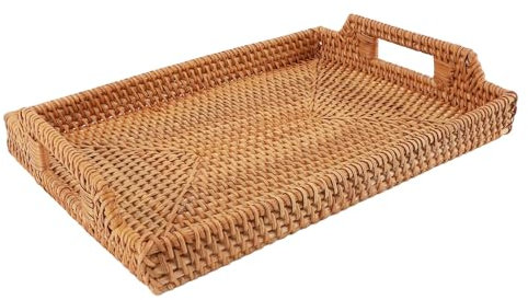 Wicker Serving Tablett handgewebtes Rattan Rechteck -Servierschale mit Griffe Umweltverträglichkeit gesunden organisierenden Esstisch Couchtisch