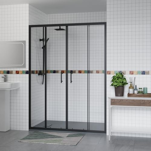 Aquariss 1400x700mm Shower Enclosure Wetroom Cubicle Matte Black with 1400mm Sliding Double Shower Screen Doors 6mm Easy Clean Glass, Anthracite SMC Anti Slip Shower Tray and Free Waste