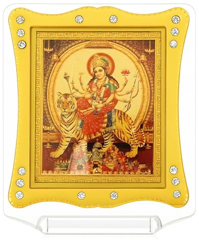 HOME GENIE Golden Foil Acrylic Durga Frame 3 Inch (8 cm) | Ganpati Idol for Car Dashboard & Home Decor | Mini Ganesh Statue Gift