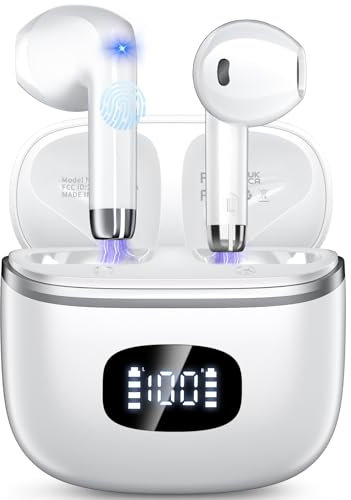 Bluetooth Kopfhörer, Kopfhörer Kabellos Bluetooth 5.3 mit 4 ENC Noise Cancelling Mic, kopfhörer kabellos HiFi Stereo, LED-Anzeige, 40 std Spielzeit, USB-C, In Ear Ohrhörer für Arbeit Spiel Sport, Weiß