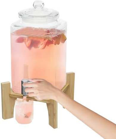 Susoso Getränkespender, 5L Wasserspender mit Durchdachter Wasserhahn Limonadenspender Tragfähigkeit 5kg für Partys im Innen- und Außenbereich Klar, Holzfarbe