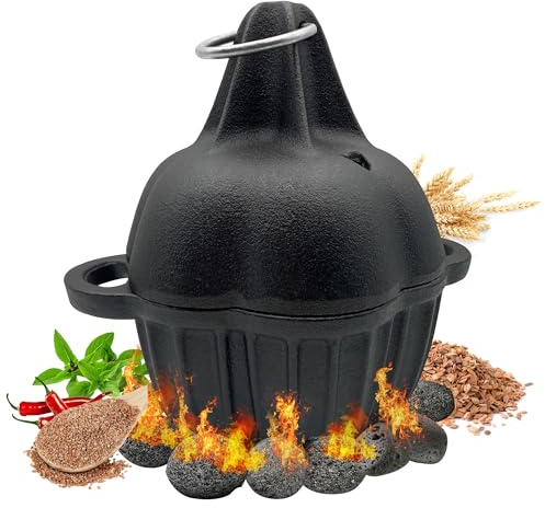 JULYSVE Kleine Gusseisen-Räucherbox & Knoblauchbräter Knoblauchpressen, vorgebrannte Holzspäne-Räucherbox für Gas/Pellet/Holzkohlegrills, Gusseisen-Knoblauchbäcker, Gemüsebräter für BBQ Fleisch Gemüse