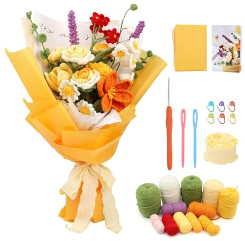 MIYUANGKJ Beginners Crochet Kit DIY Knitting Kit Bouquet Crochet Kit Complete Knitting Starter Kit with Step-by-Step Video Tutorials Handmade Arts Plant Rose Flower Bouquet Gifts for Men Women Girls