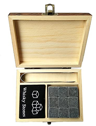 Ensemble de pierres à whisky avec 9 pierres de granit, une pince à épiler, un sac en velours et une boîte en bois, accessoire idéal pour refroidir les boissons sans diluer la pureté, préserver la