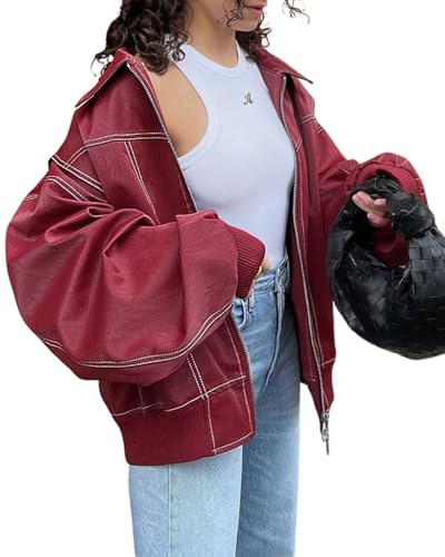 utcoco Women's Faux Leather Motorcycle Jacket Oversized Zip Up Winter Coat Outerwear 2025 Fall Fashion Clothes (XX-Large, Red)