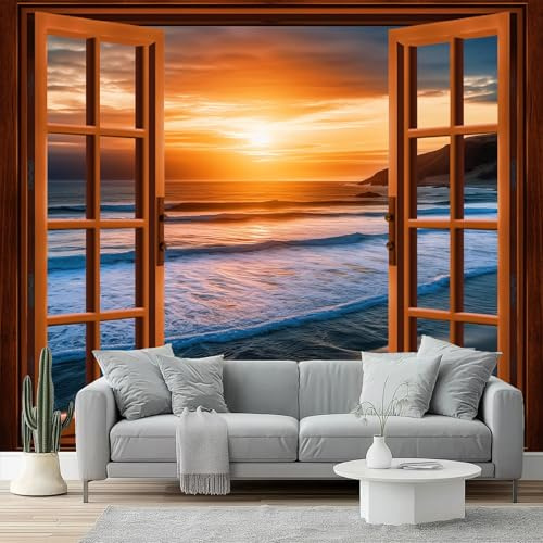 3D No Tejidopapel Pintado Estilo Mediterráneooro Marcos De Ventanas Y Olas Del Mar – Fotomural Decorativo Para Salón, Dormitorio, Habitación Infantil, Estudio O Fondo De Tv