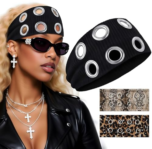 FrostyFlair Ladies' Headband, 3-Pack Fashionable Wide Headband with Eyelets, Women's Headband, Hair Accessories, Headbands, Headscarf (Black, Snakeskin, Leopard)
