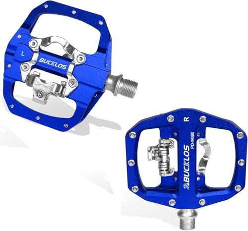 BUCKLOS SPD Pedali a scatto per Mountain Bike, Bici da corsa, BMX – Pedali bifacciali Flat Combo con cuscinetti sigillati, compatibile con Shimano