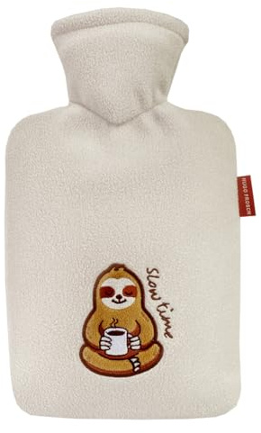 Hugo Frosch Wärmflasche Klassik 1,8 l weichem Fleecebezug Faultier Greige | Große Bettflasche Made in Germany, auslaufsicher & langlebig, abnehmbarer & waschbarer Überzug mit Faultier slowtime Motiv