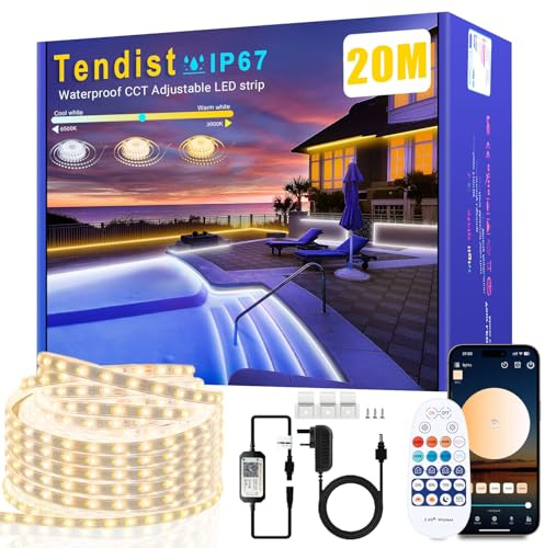 20M Outdoor Led Strip Lights Waterproof Warm White Led Strip, IP67 Dimmable White Rope Lights with APP & Remote, 24V 3000K to 6500K Self Adhesive Smart Light for Outdoor Garden, Balcony, Patio