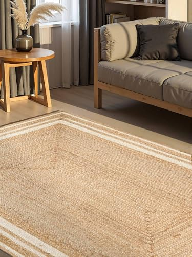 Hanse Home Looma - Jute Teppich, Natürlich & Handgemacht, Naturteppich Robust mit Bordüre, Boho Look Wohnzimmerteppich für Wohnzimmer, Schlafzimmer, Esszimmer, Flur - Natur Gold Elfenbein, 80x150 cm