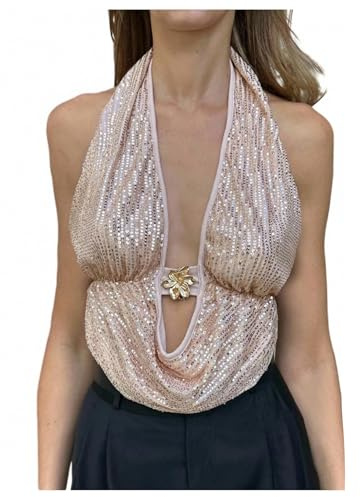 Floerns Women's Sparkly Sequin Draped Halter Tops Tie Backless Glitter Date Night Tank Tops Champagne Small