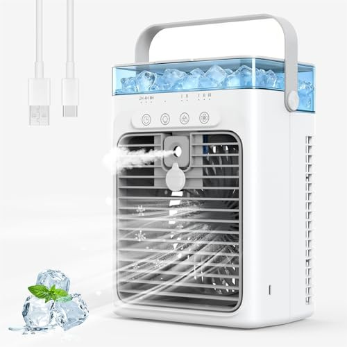 Portable Air Conditioner, Personal Evaporative Air Cooler, 3-Speed Small AC Fan, 8H Auto-off, Mini Air Conditioner, Mobile Air Conditioners for Car, Desktop, Camping, Bedroom, Office