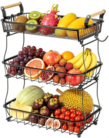 BOFITENG 3-Stöckiger Obstkorb mit 2 Bananenhaltern, Aufbewahrung von Obst und Gemüse, Metall-Draht Etagere für Küchenarbeitsplatte, Obstkorb Etagere Gemüsekorb Schwarz 45 cm Höhe