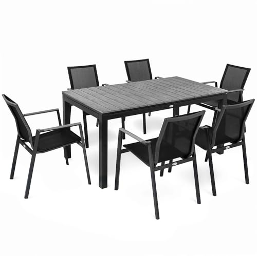 di volio Gartenmöbel-Set ausziehbar für 6-8 Personen Aluminium Sets Miranno | Stapelstühle, Textilene-Sitzflächen, Nivellierfüße, Kunstholzplatte, pflegeleicht, UV-beständig, Terrasse, Balkon