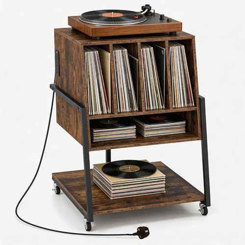 CASART Record Player Stand on Wheels, Rolling Turntable Stand with Charging Station & Open Shelves, Record Storage Table Vinyl Media Cabinet for Music Living Room Studio (Rustic Brown)