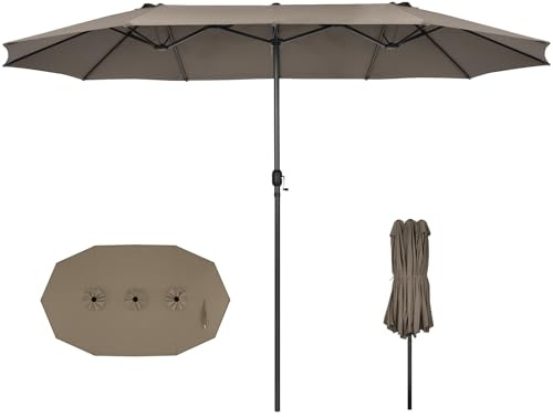 GOPLUS Parasol de Jardin Exterieur avec Pied, 4,6x2,8M Grand Parasol Double avec 48 LED Solaires, Manivelle, 12 Baleines, Protection Solaire, pour Terrasse Marché Patio