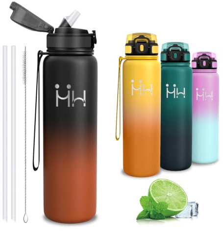 Botella Agua Acero Inoxidable, Botella Termica 1 litro, con Pajita, sin BPA | A Prueba de Fugas, 1000ml Botella Agua Gimnasio, con Cepillo para Pajita, Cantimplora para la Deportes, Natación