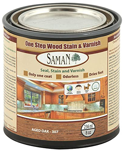 SamaN Interior One Step Wood Seal, Stain and Varnish – Oil Based Odorless Dye - Protection for Furniture and Fine Wood (Aged Oak SAM-307, 8 oz)