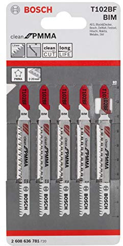 Bosch 5x Stichsägeblatt T 102 BF Clean for PMMA (für Plexyglas- & Acrylplatten, Professional Zubehör Stichsäge) | für Kunststoff, Kunststoff, Länge 92 mm, Professional Zubehör Stichsäge