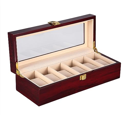 Uhrenbox für 6 Holz Uhrenkasten Uhrenkoffer Schmuckkasten Damen Herren mit Glasanzeige Oberseite